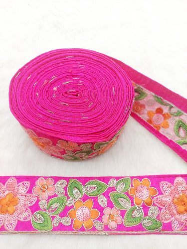 Fuchsia Pink Silk Fabric Embroidered Trim, Floral Embroidery Indian Sari Border Trim By Yard Decorative Trim Craft Lace, Sequins Trim